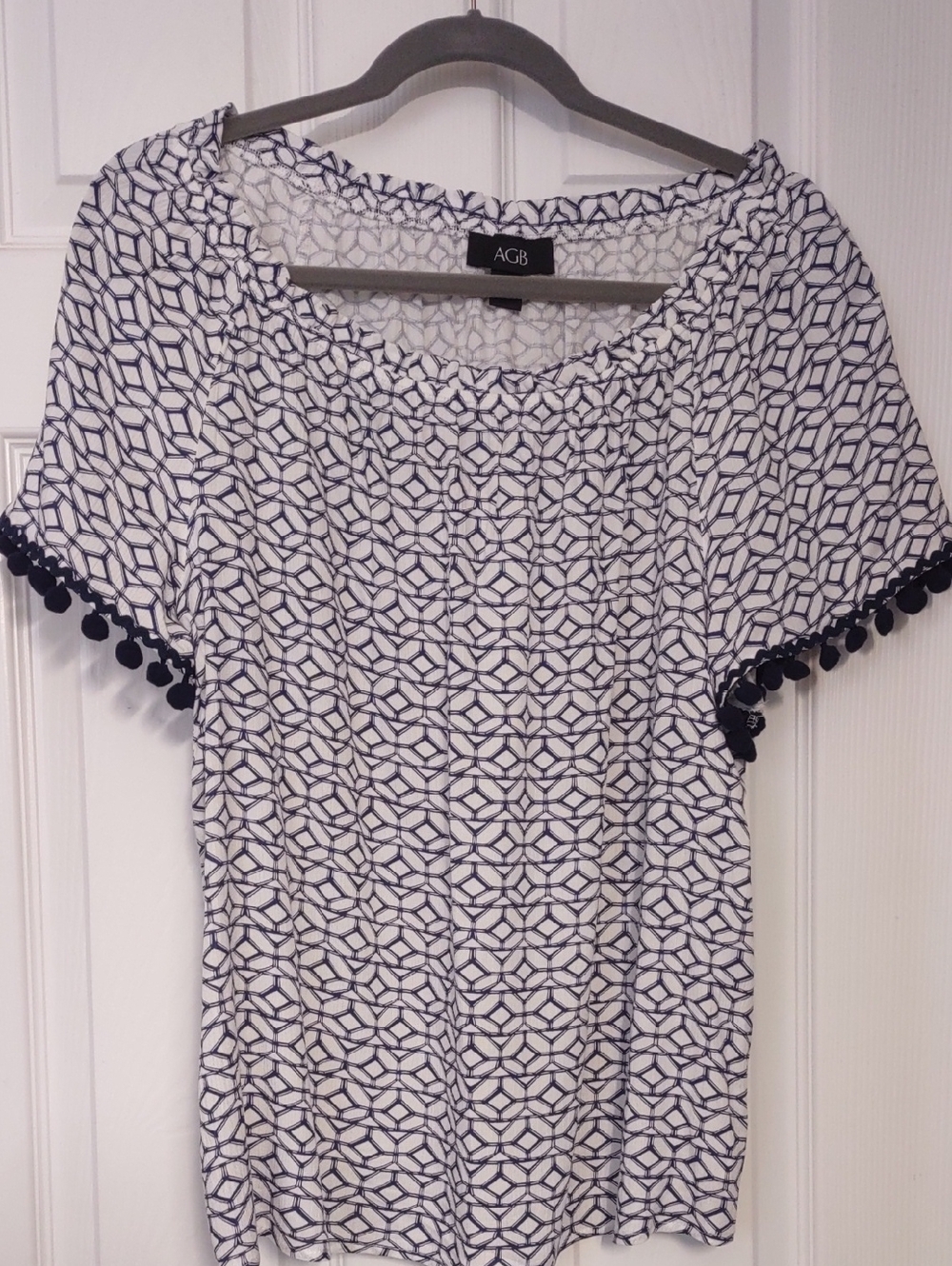 AGB White Short-Sleeve Tee with Navy Geometric Print and Pom Trim